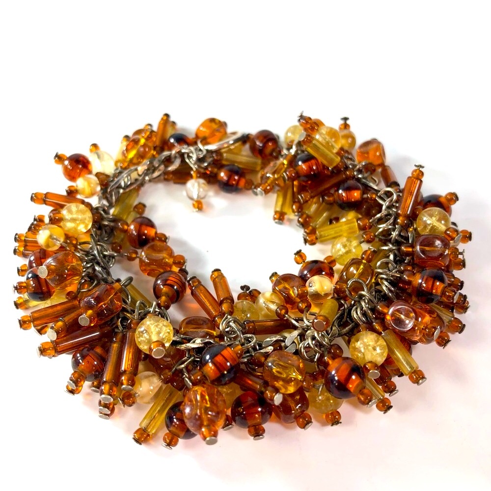 .925 AMBER STERLING SILVER GLASS BEADED BANGLE BRACELET